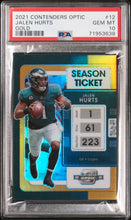 Load image into Gallery viewer, 2021 Contenders Optic GOLD SEASON TICKET #12 JALEN HURTS /10 PSA 10 GEM MINT POP 3