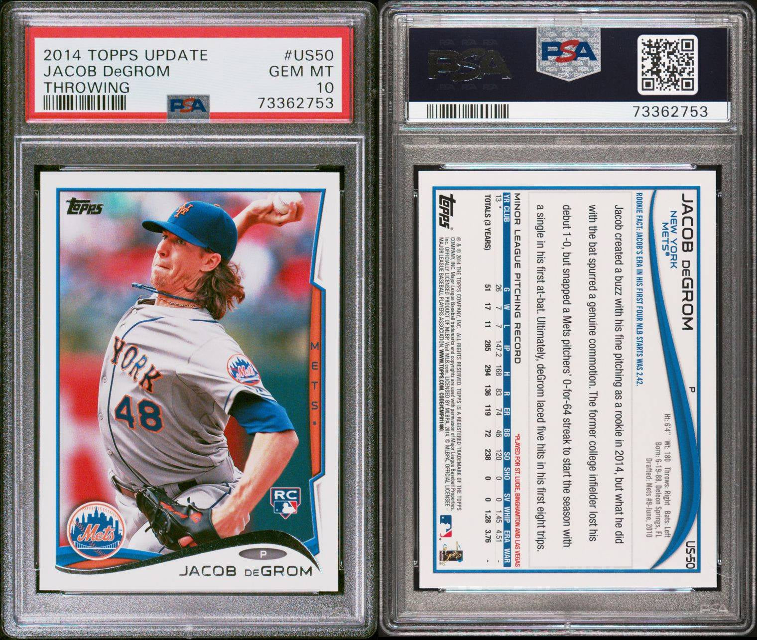 2014 Topps Update #US50 Jacob DeGrom rookie card PSA 9 mint Mets