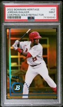 Load image into Gallery viewer, 2022 Bowman Heritage #BHPC-52 Jordan Walker Gold Refractor Prospect id#/50 Cardinals PSA 9