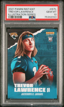 تحميل الصورة إلى عارض المعرض، 2021 سلسلة الرسوم التوضيحية الفورية Panini Trevor Lawrence Rookie 1/13595 #IS-TL Jaguars RC PSA 10 GEM Mint