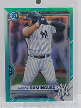 将图片加载到图库查看器,2021 JASSON DOMINGUEZ RC 59/125 BOWMAN CHROME Aqua REFRACTOR #BCP-213 YANKEES