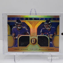 تحميل الصورة إلى عارض المعرض، 2020 Panini Gold Standard Golden Pairs #GP5 Lamar Jackson / Marquise Brown Patch 138/199