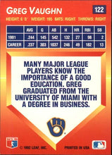将图片加载到图库查看器,1992 Leaf Greg Vaughn #122 Milwaukee Brewers