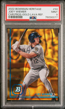 Load image into Gallery viewer, 2022 Bowman Heritage Chrome Prospects Gold Lava Refractor 03/50 Joey Wiemer #94 PSA 9 Mint POP 1
