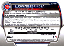 تحميل الصورة إلى عارض المعرض، آفاق Bowman Chrome لعام 2023 Ludwing Espinoza BCP-192 Chicago Cubs