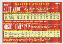 Load image into Gallery viewer, 1994 Topps Kurt Abbott / Miguel Jimenez CA, RC # 773 Oakland Athletics