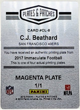 Load image into Gallery viewer, 2017 Panini Plates and Patches Football C.J. Beathard Printers Plate 1/1
