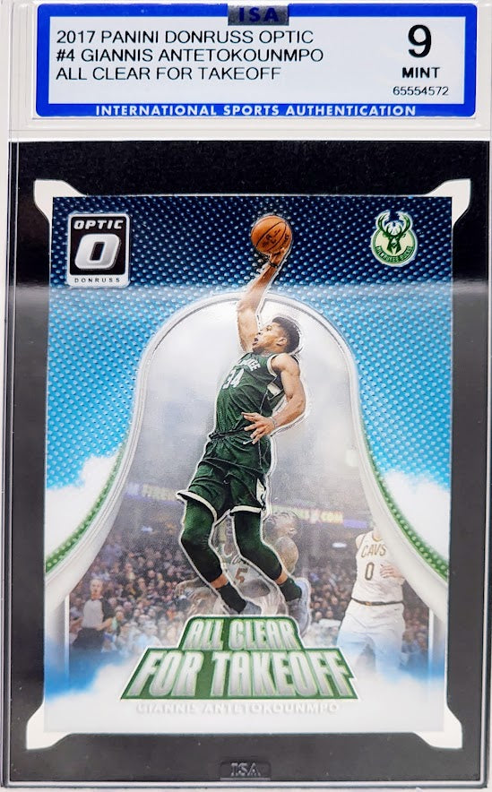 Giannis Antetokounmpo 2017 Panini Donruss Optic All Clear For Takeoff Holo #4 ISA 9 Mint