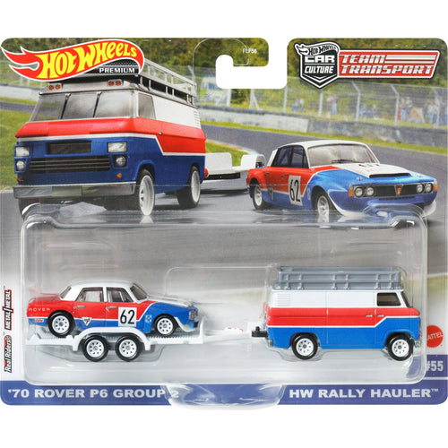 Hot Wheels Team Transport Toy Truck & Race Car, '70 Rover P6 Group 2 & HW Rally Hauler Collectible Set - walk-of-famesports