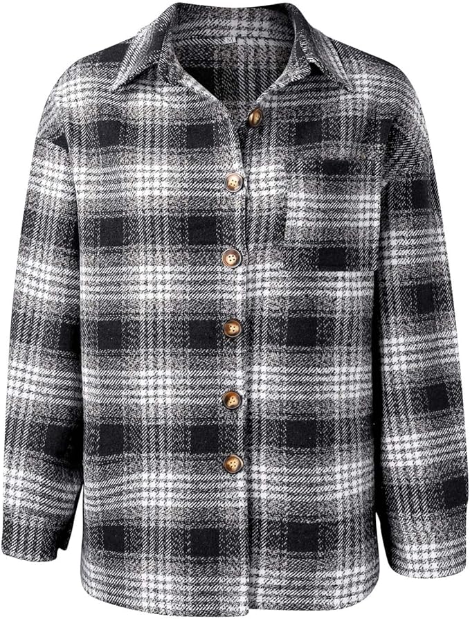 Flannel Shirt for Women Oversized Long Sleeve Button Down Plaid Shirt Loose Fit Casual Coat with Pockets