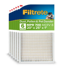 Load image into Gallery viewer, Filtrete 20x25x1 HVAC Furnace Air Filter, MPR 700 MERV 8, Dust, Pollen, and Pet Dander Reduction, 6 Pack
