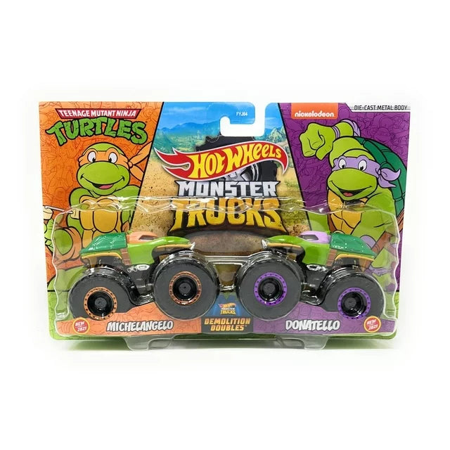 Hot Wheels Monster Trucks TMNT Michelangelol Vs. Donatello 1:64 Scale Demolition Doubles 2-Pack