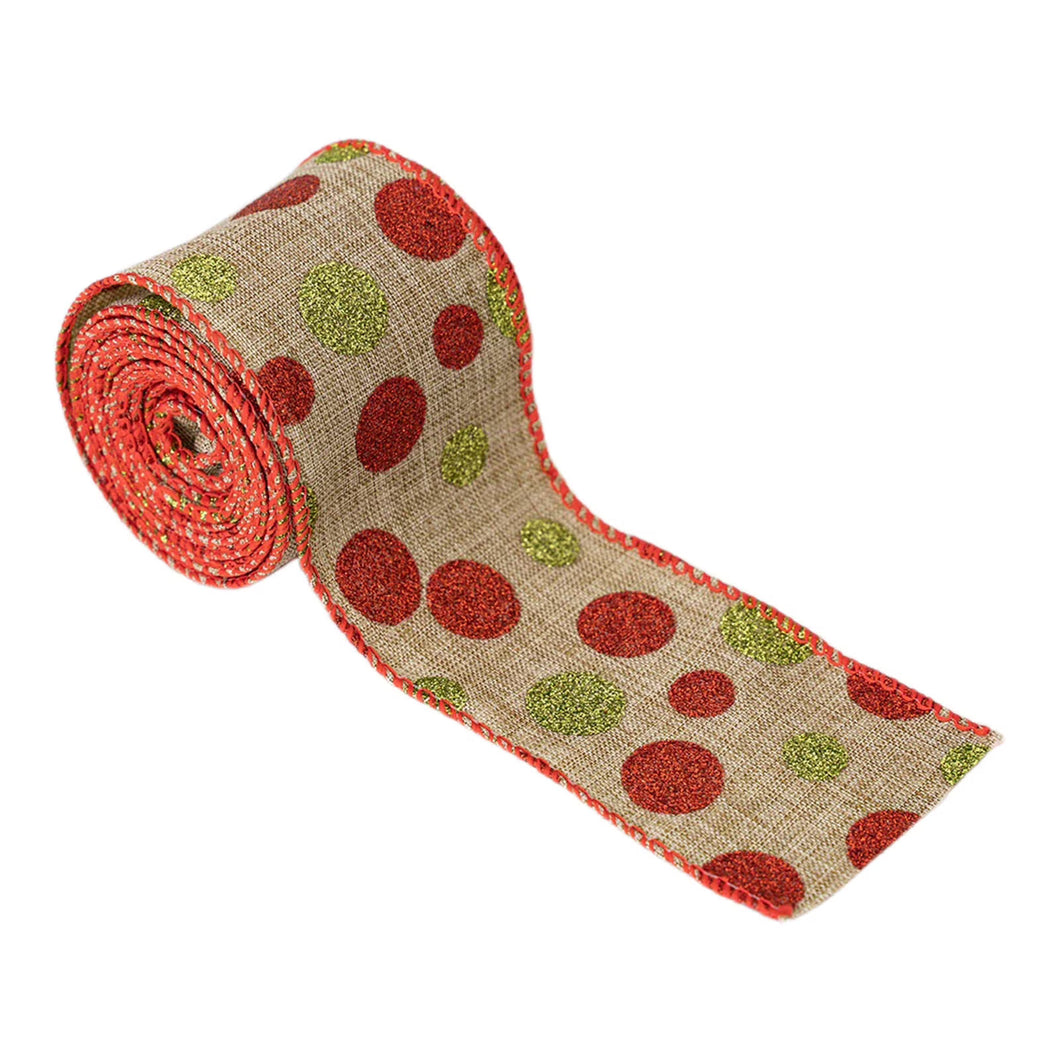 Christmas Ribbon Wired 5 Yards 2.5 inch Red and Green Polka Dots