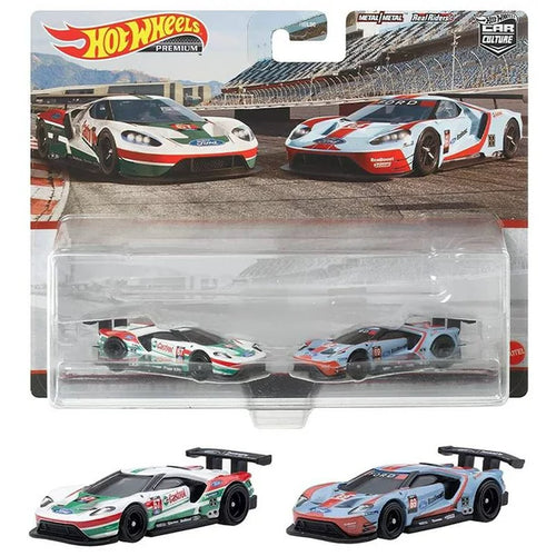 Hot Wheels Premium Car Culture Twin Pack White '16 Ford GT Race Car & Blue '16 Ford GT Race 1/64 Diecast Car - walk-of-famesports