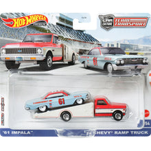 Load image into Gallery viewer, Hot Wheels Team Transport Toy Truck &amp; Race Car, &#39;72 Chevy Ramp Truck &amp; &#39;61 Impala Collectible Set - walk-of-famesports
