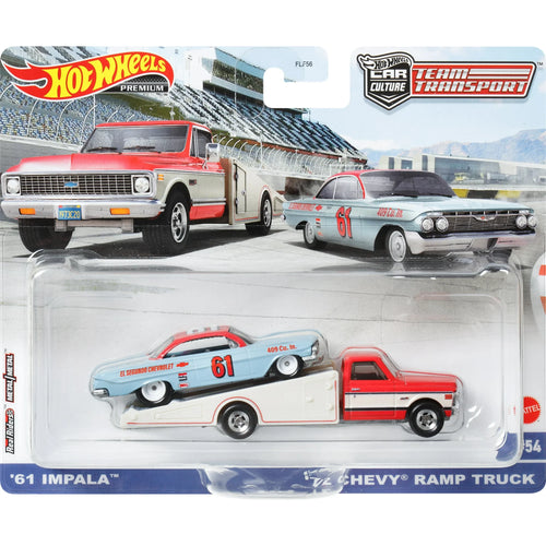 Hot Wheels Team Transport Toy Truck & Race Car, '72 Chevy Ramp Truck & '61 Impala Collectible Set - walk-of-famesports