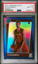 Load image into Gallery viewer, 2021-22 Donruss Optic Evan Mobley Purple Prizm Rated Rookie RC #175 Cavaliers PSA 8 NM-MT

