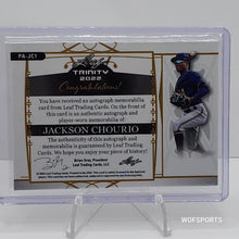 تحميل الصورة إلى عارض المعرض، 2022 Leaf Trinity Memorabilia Auto Relic 43/99 Jackson Chourio #PA-JC1 Milwaukee Brewers
