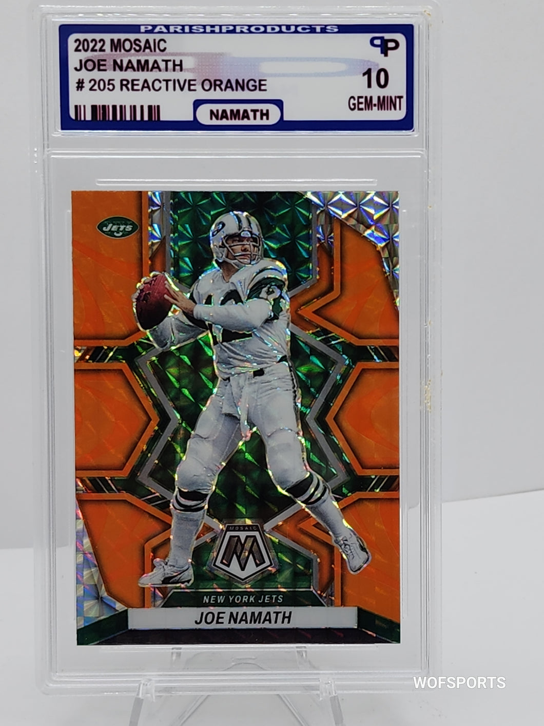 2022 Panini Mosaic Reactive Orange Joe Namath #205 New York Jets Parish 10 Gem Mint