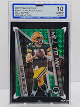 Load image into Gallery viewer, 2022 Panini Mosaic Will To Win Green Mosaic Aaron Rodgers #WW-1 ISA 10 GEM Mint
