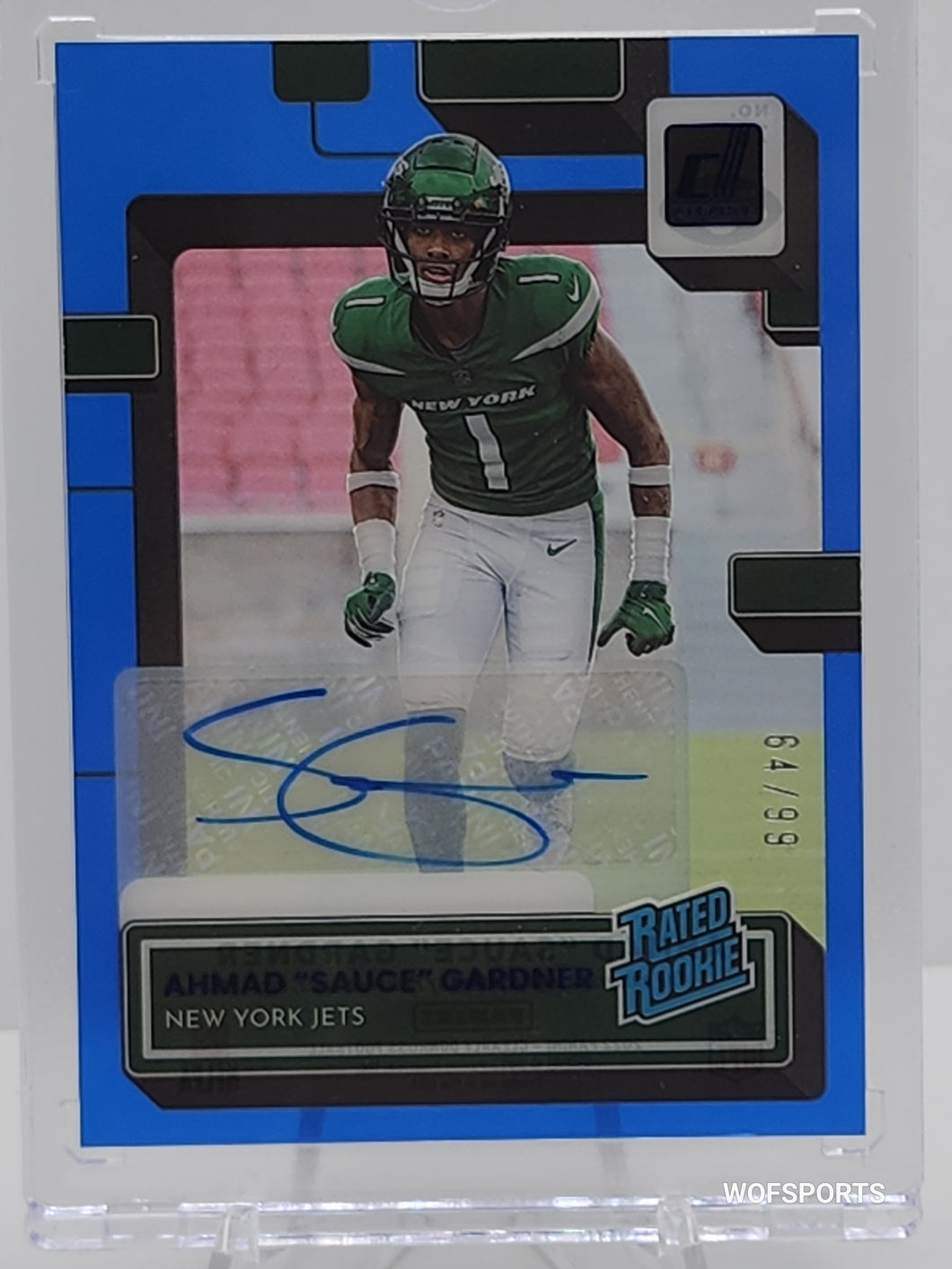 2022 Donruss Clearly Ahmad Sauce Gardner Rated Rookie Auto Blue 64/99 Jets SSP