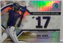 Load image into Gallery viewer, 2023 Bowman Chrome Zac Veen Scouts Top 100 #BTP-17 Rockies
