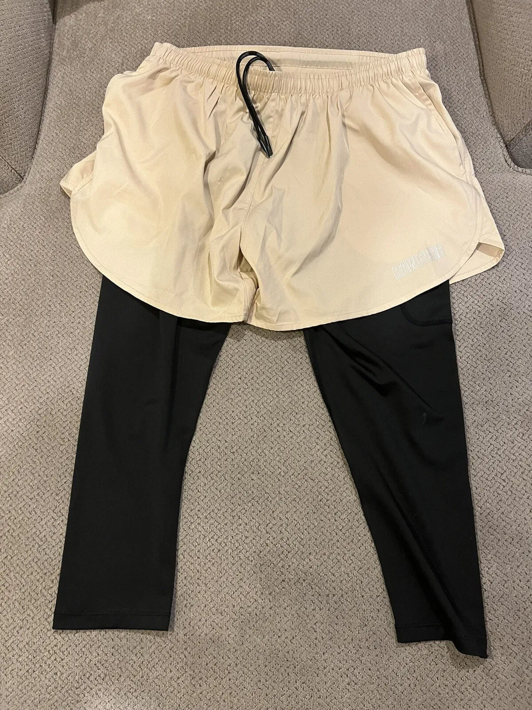 RAW GEAR 2 In 1 Compression Leggings Running Tan Running Shorts Size Large