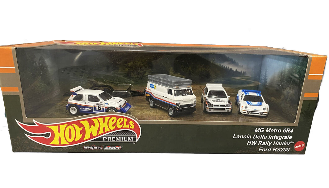 2023 Hot Wheels Premium MG Metro 6R4, Lancia Delta Integrale, HW Rally Hauler, Ford RS200 Rally Legends Diorama Set