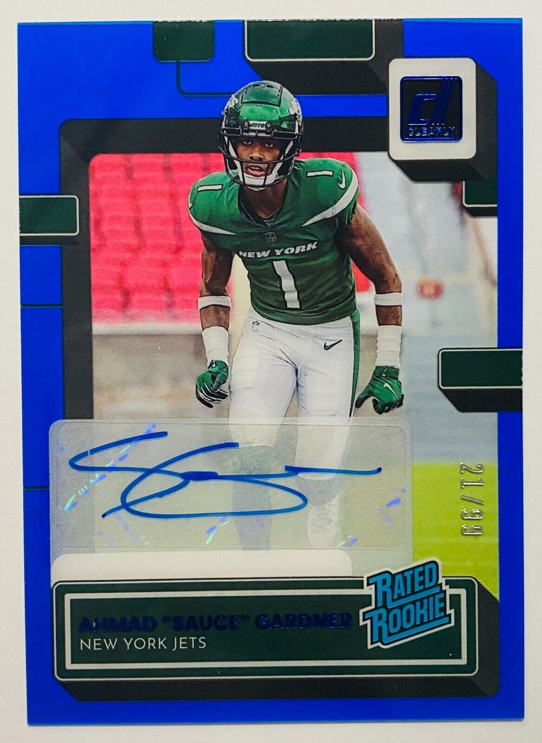 2022 Donruss Clearly Ahmad Sauce Gardner Rated Rookie Auto Blue /99 Jets SSP