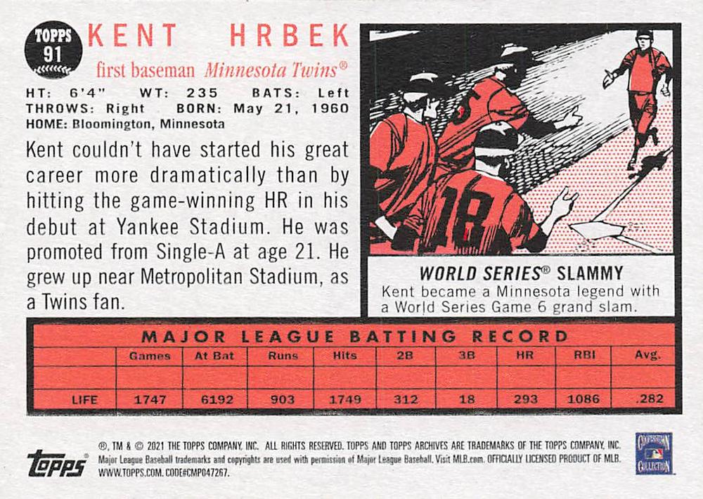 2021 Topps Archives Kent Hrbek #91 Minnesota Twins