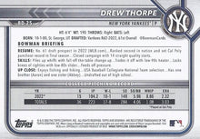 Load image into Gallery viewer, 2022 Bowman Draft Drew Thorpe FBC 1st Bowman BD-25 New York Yankees
