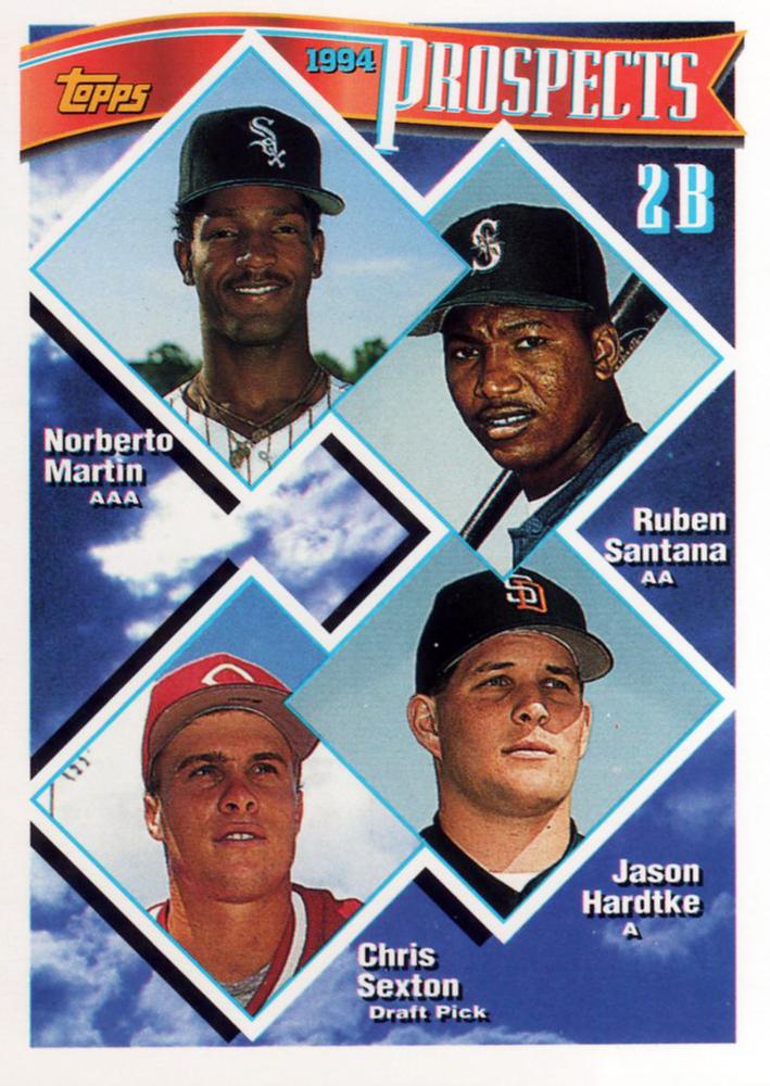 1994 Topps 2B Prospects (Norberto Martin / Ruben Santana / Jason Hardtke / Chris Sexton) PROS, RC # 527 Chicago White Sox / Seattle Mariners / San Diego Padres / Cincinnati Reds