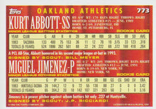 Load image into Gallery viewer, 1994 Topps Kurt Abbott / Miguel Jimenez CA, RC # 773 Oakland Athletics
