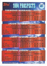 Load image into Gallery viewer, 1994 Topps Traded Prospects (Trenidad Hubbard / Jason Schmidt / Larry Sutton / Stephen Larkin) PROS, RC  56T Colorado Rockies / Atlanta Braves / Kansas City Royals / Texas Rangers
