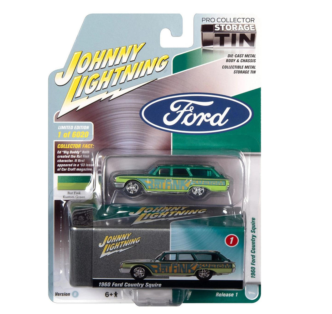 JOHNNY LIGHTNING 1:64 SCALE 1960 FORD COUNTRY SQUIRE - RAT FINK (GREEN/TEAL) WITH COLLECTOR TIN