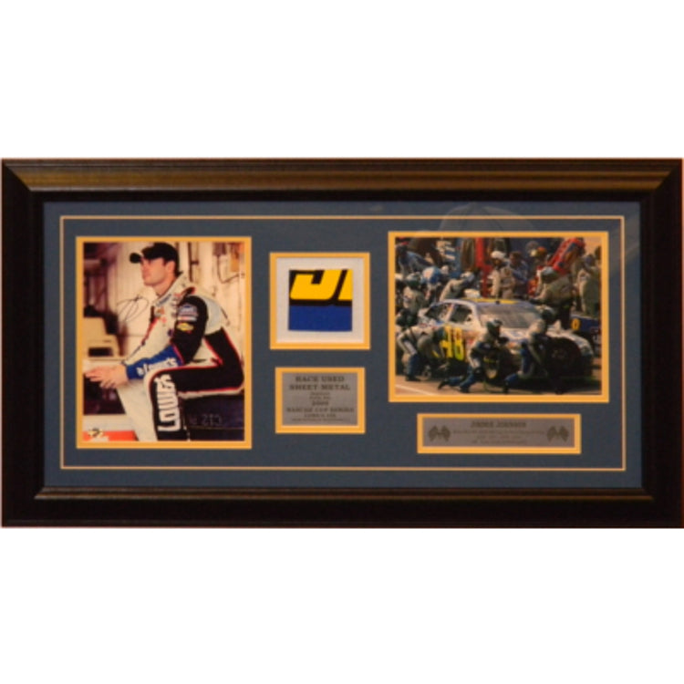 Jimmie Johnson 18x32 Piece with Signed Autographed 8x10 & Authentic Metal from his Cars Door