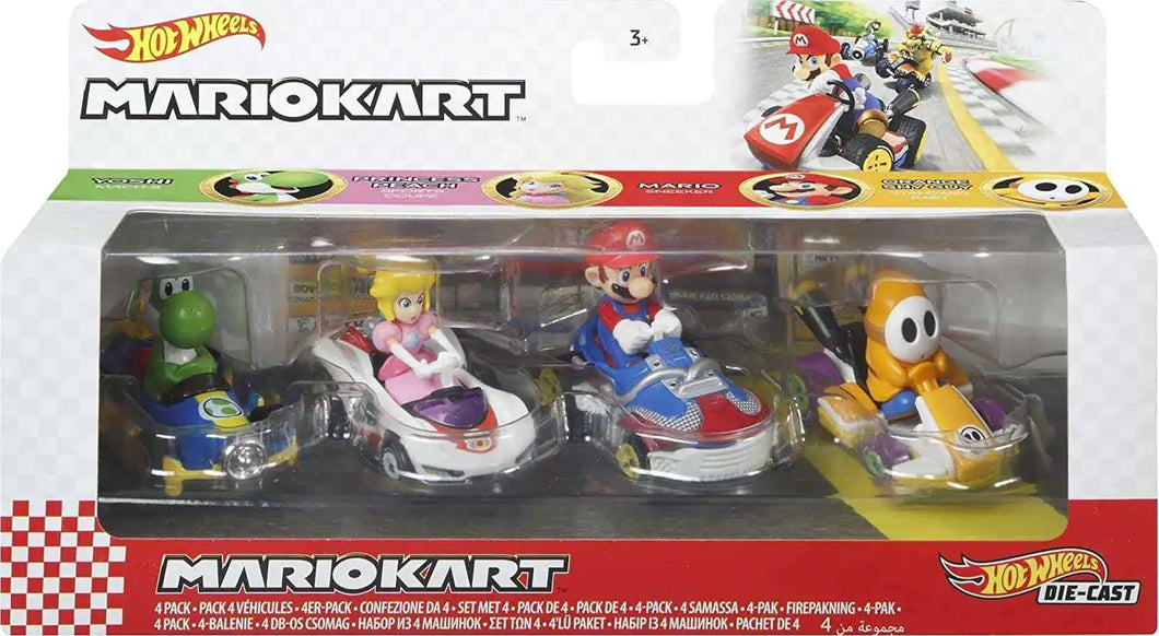 Hot Wheels Mario Kart Mario, Princess Peach, Yoshi & Shy Guy Diecast Car 4-Pack